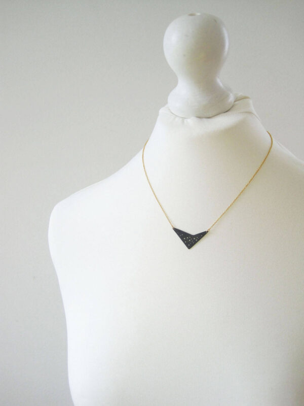 Oxidised silver geometric hole-patterned pendant on fine gold-filled chain - Image 5