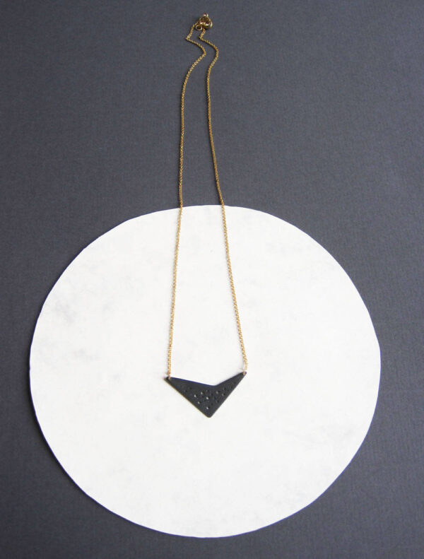 Oxidised silver geometric hole-patterned pendant on fine gold-filled chain - Image 3
