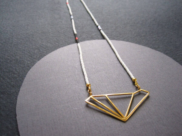 24ct gold vermeil asymmetric diamond pendant on fine grey, blue, black and pink glass beads