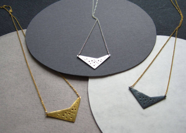Oxidised silver geometric hole-patterned pendant on fine gold-filled chain - Image 4